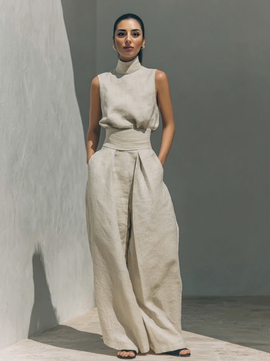 Pants - Sleeveless High-Neck Wide-Leg Jumpsuit in Light Beige